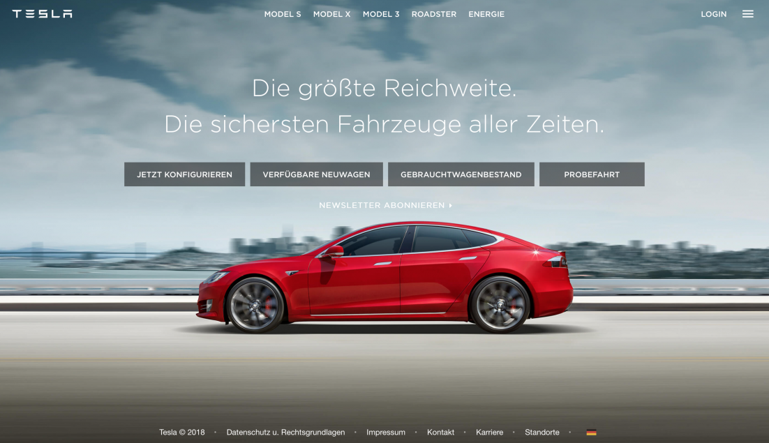 Screenshot der Tesla Startseite